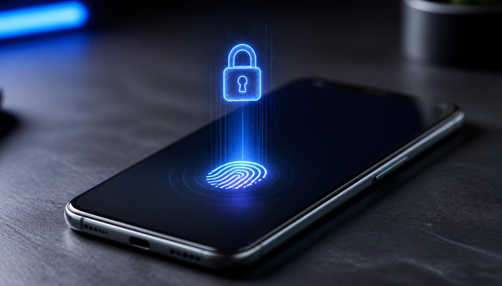 An Android phone on a dark surface with glowing fingerprint and padlock icons above the screen