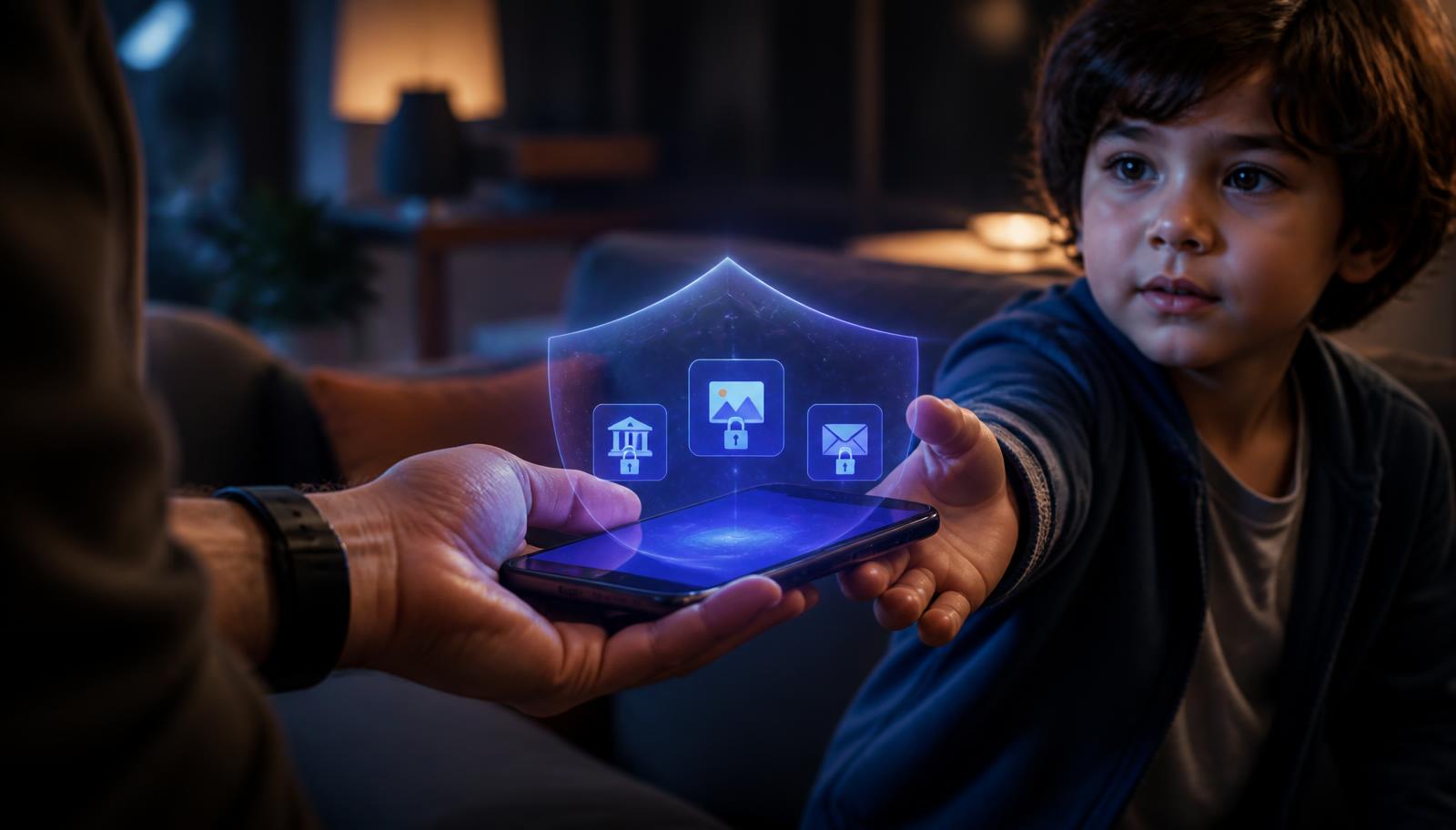 A parent handing a smartphone to a young child, with lock icons protecting sensitive apps