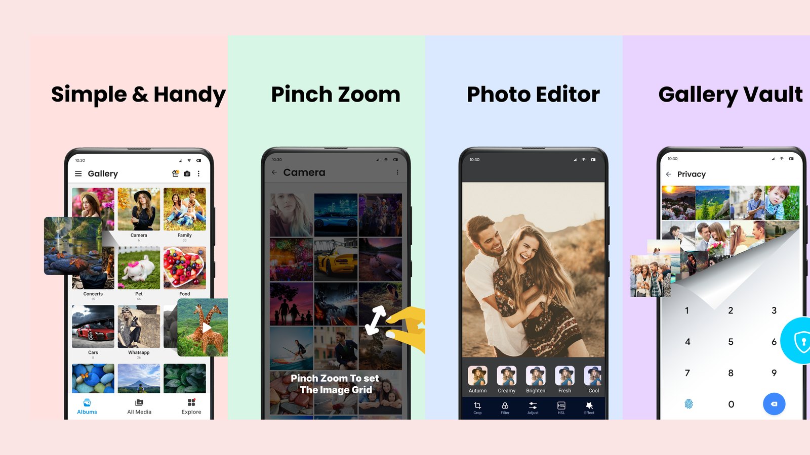 Four Android screens showing the Gallery app's albums view, pinch-zoom grid, photo editor and PIN-locked private vault