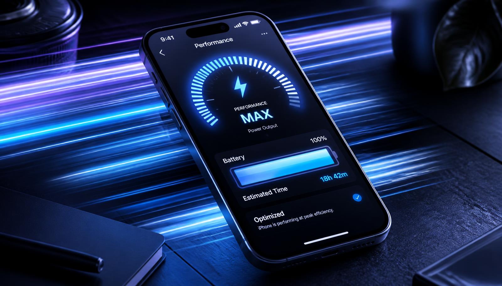 An iPhone showing a performance and battery dashboard against streaking blue light trails