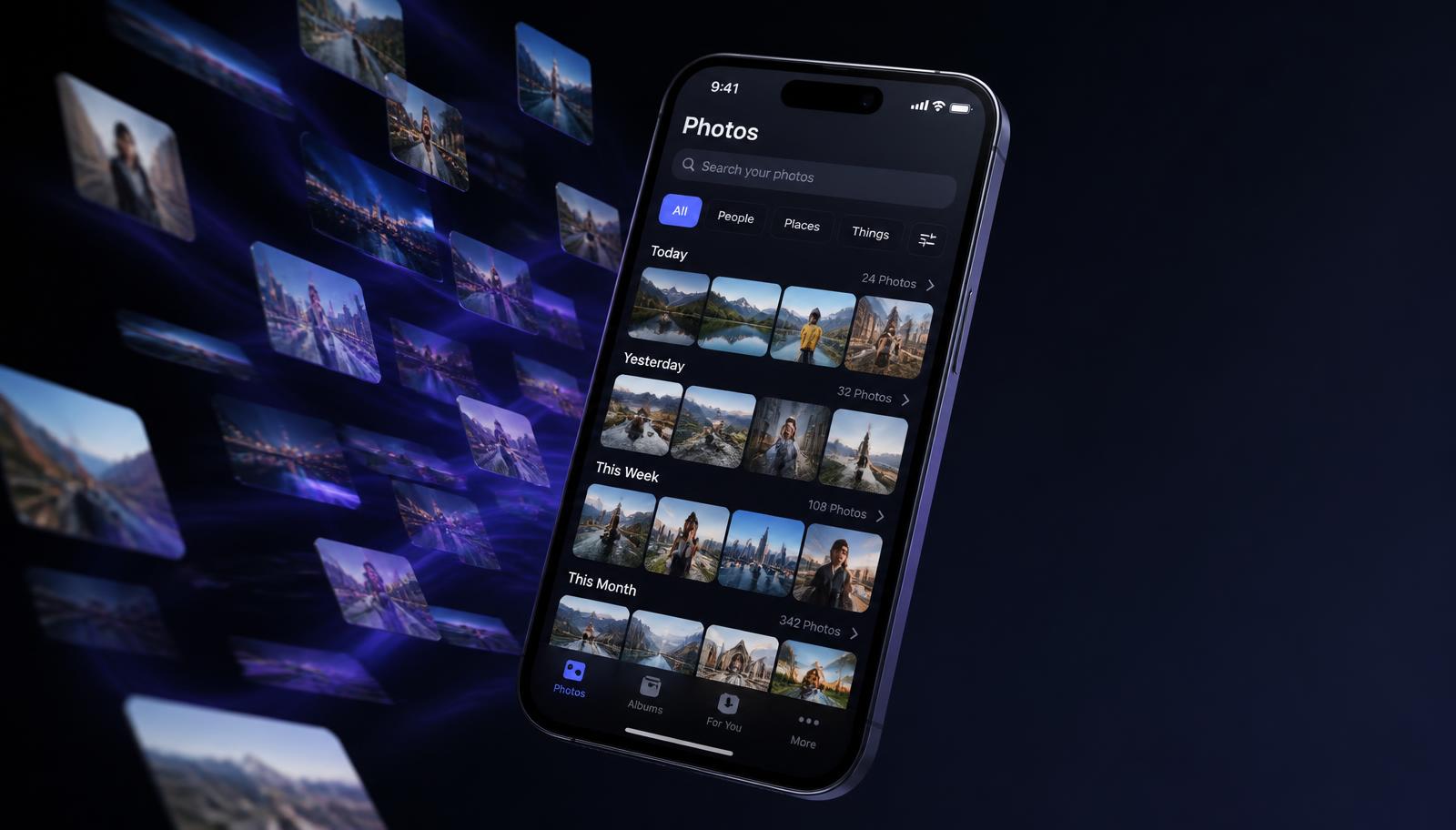 A phone showing a tidy photo gallery grid with duplicate thumbnails drifting away in the background