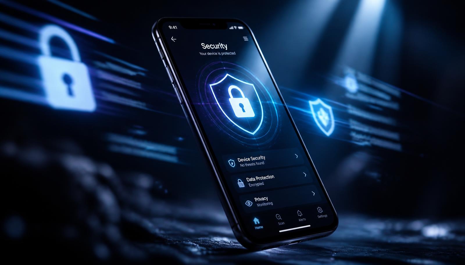 A smartphone on a dark desk with a glowing padlock icon on screen