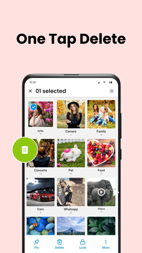 Selecting multiple photos for one-tap deletion in the Gallery app