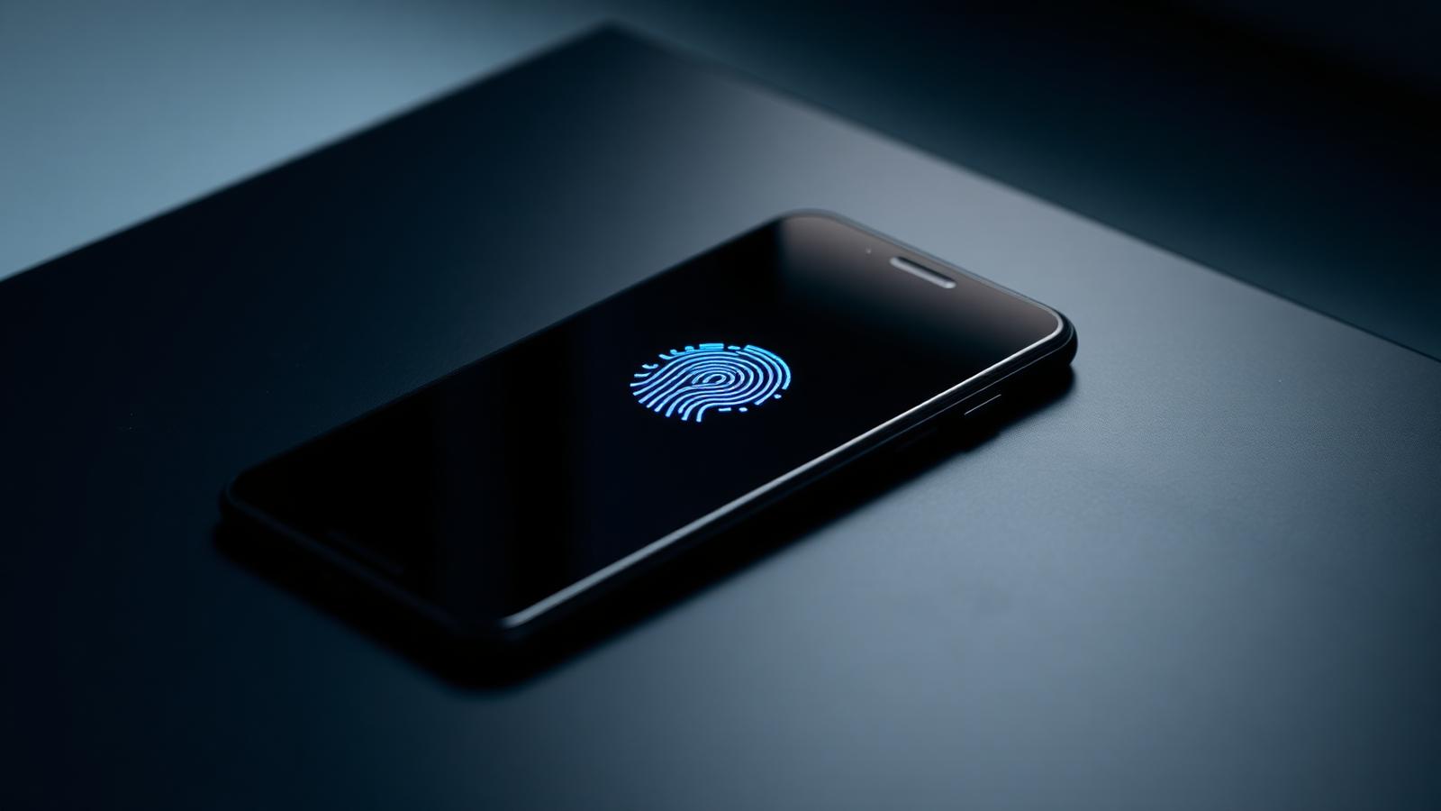 A dark Android phone on a slate desk showing a glowing fingerprint unlock icon