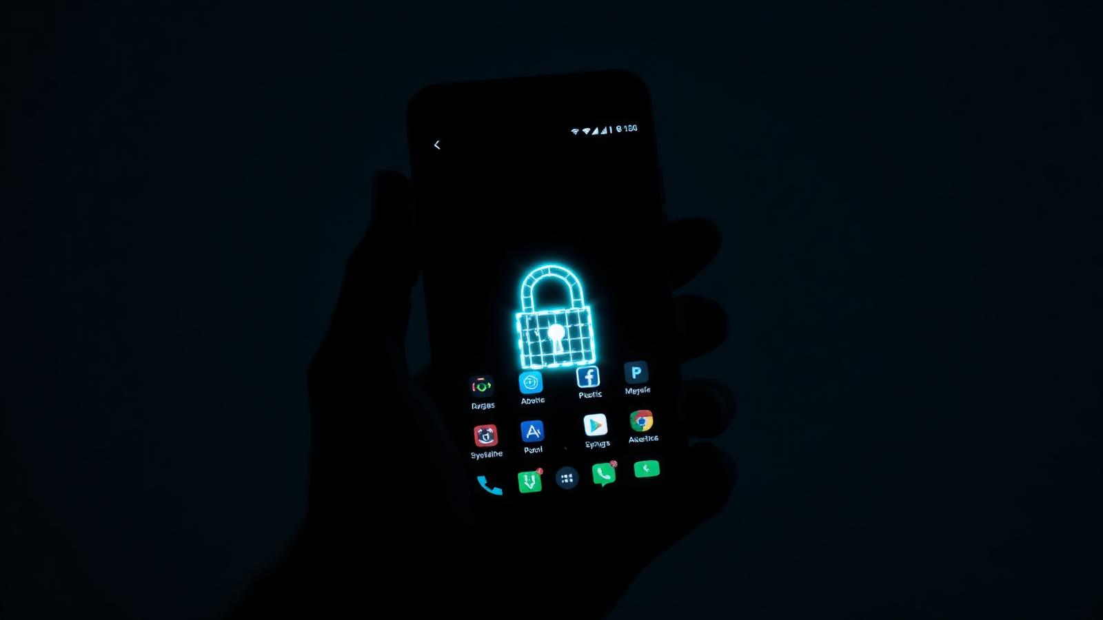 An Android phone glowing in the dark with a padlock over its app grid