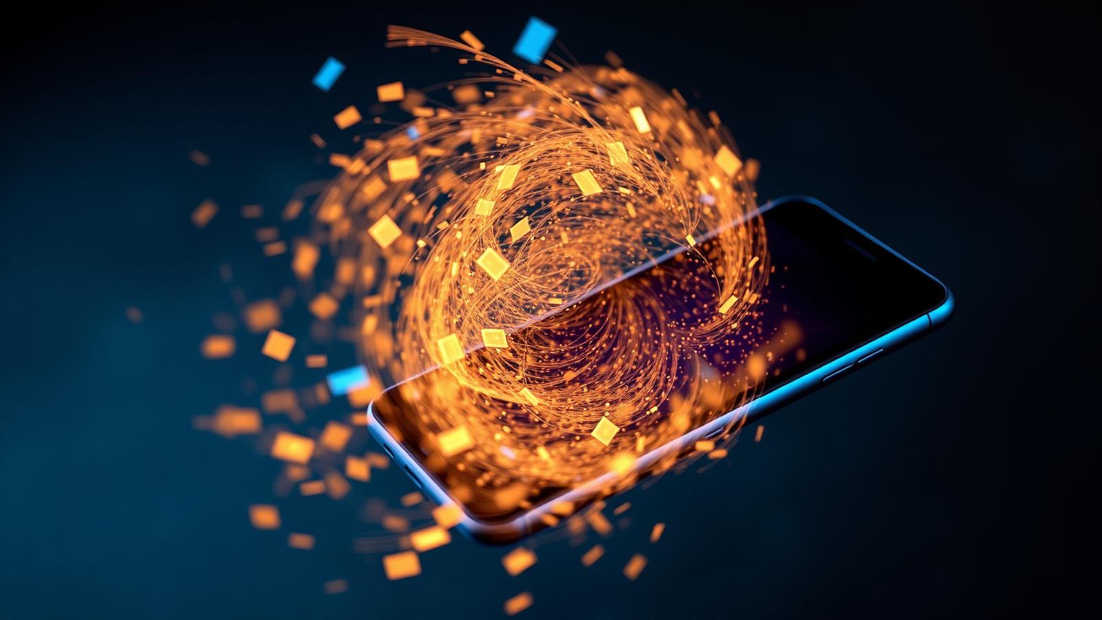 An Android phone with glowing junk-file particles swirling away from the screen
