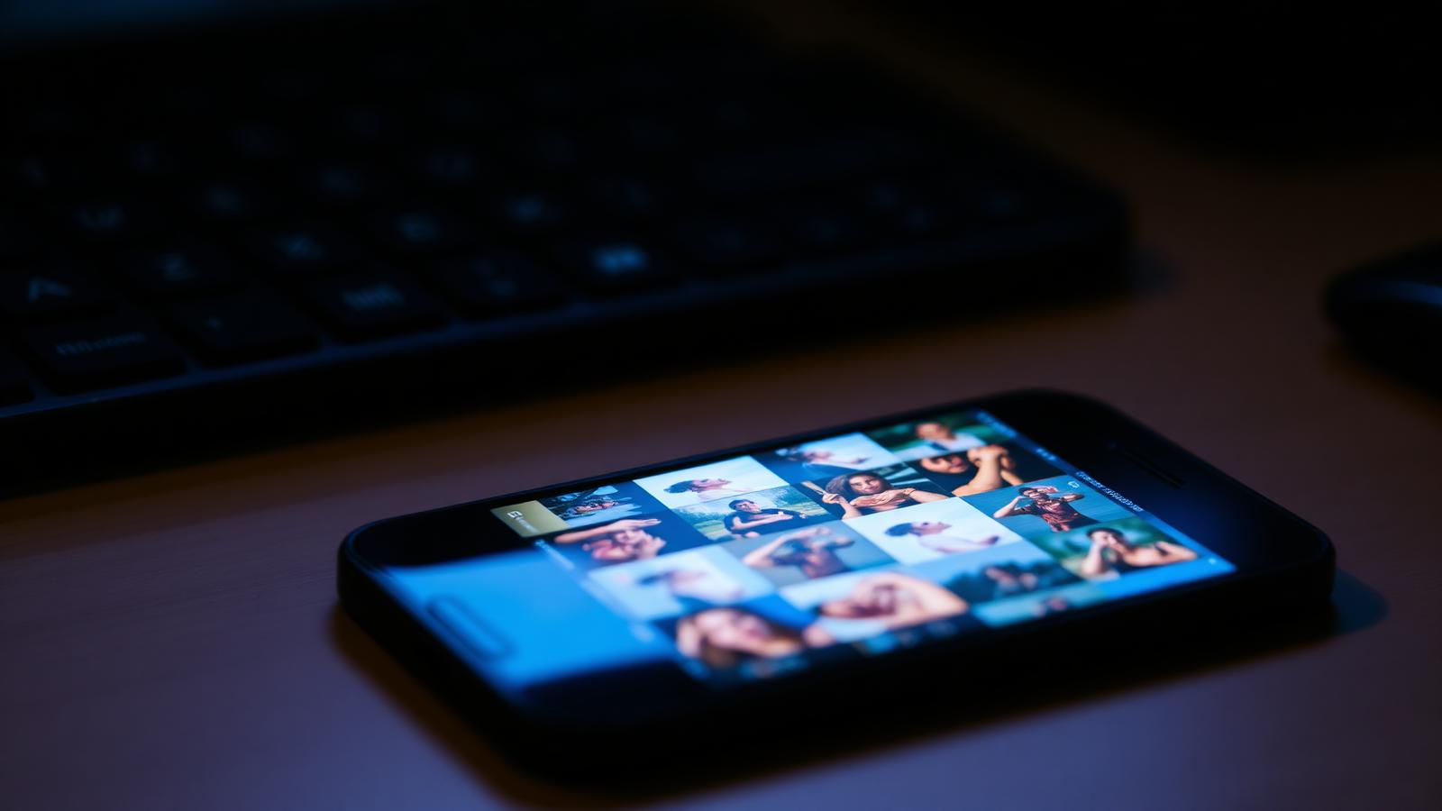An iPhone on a dark desk showing a grid of near-duplicate photo thumbnails