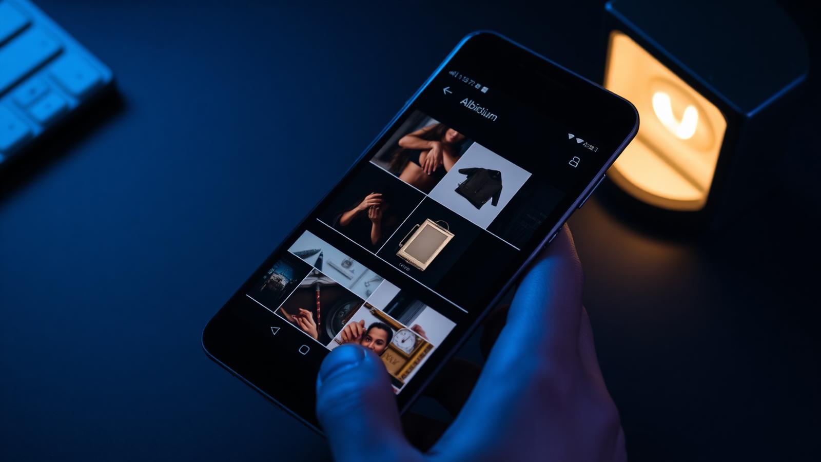 An Android phone showing a tidy photo album grid with one locked vault folder