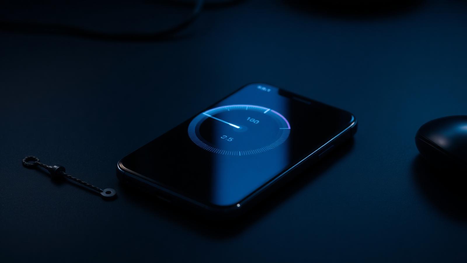 An iPhone on a dark desk displaying a glowing storage gauge